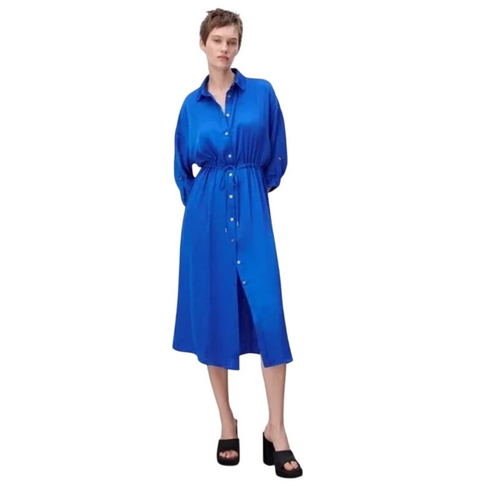 Zara Satin Button Up Drawstring Waist Shirt Dress Size XS Blue